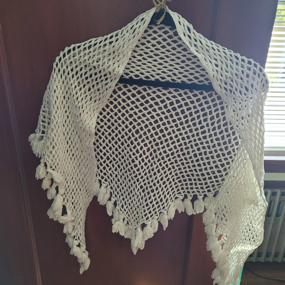 White Crochet Shawl with Tassels